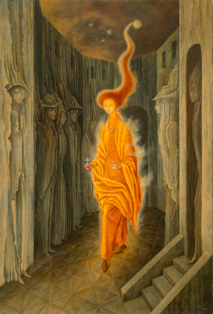 Remedios Varo, La llamada (The Call), 1961; Oil on Masonite, 42 x 31 x 1 1/2 in.; National Museum of Women in the Arts, Gift from Private Collection; Photo by Lee Stalsworth